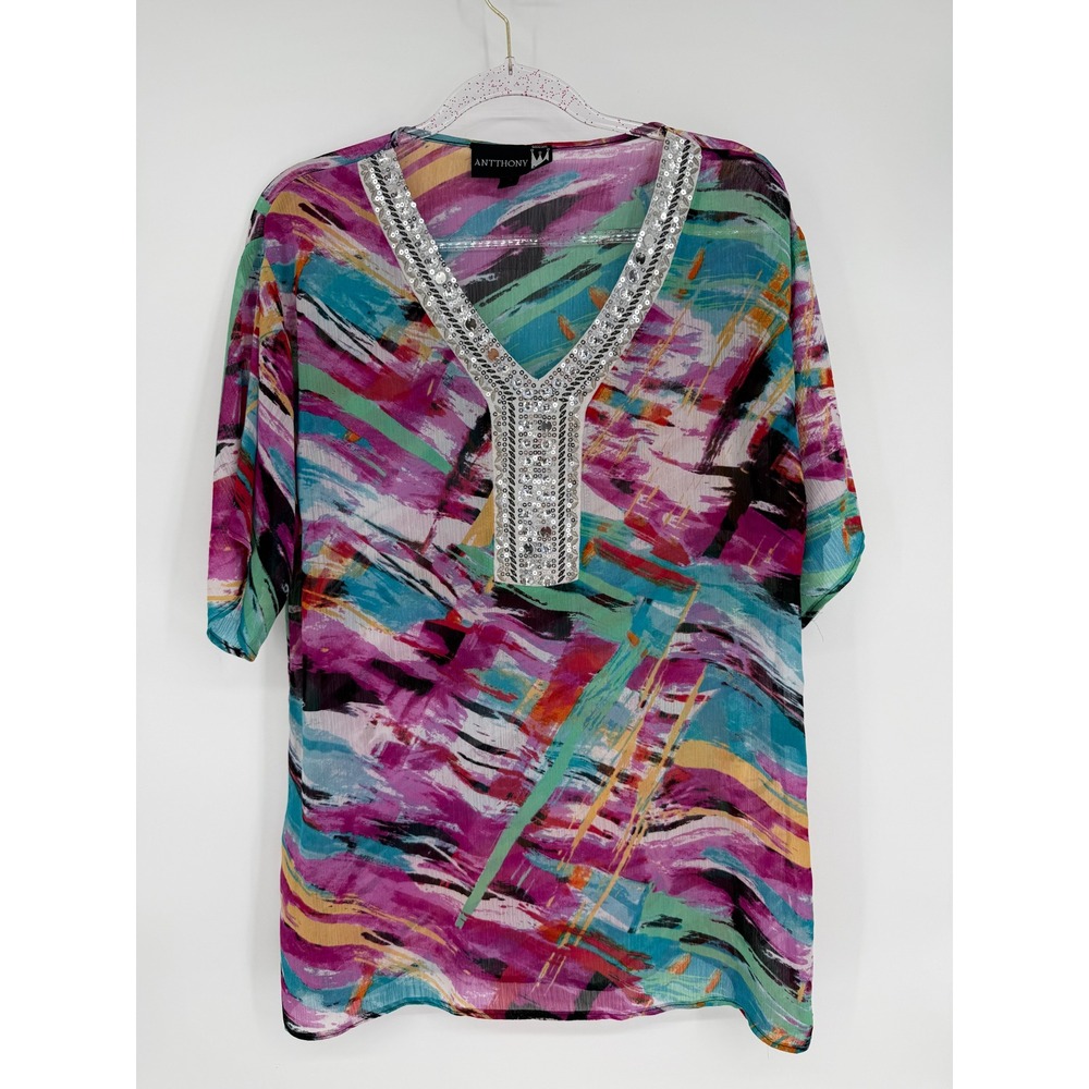 ANTTHONY Abstract Print Sequin Embellished Swim Cover Up Women's Sz M Pink Green